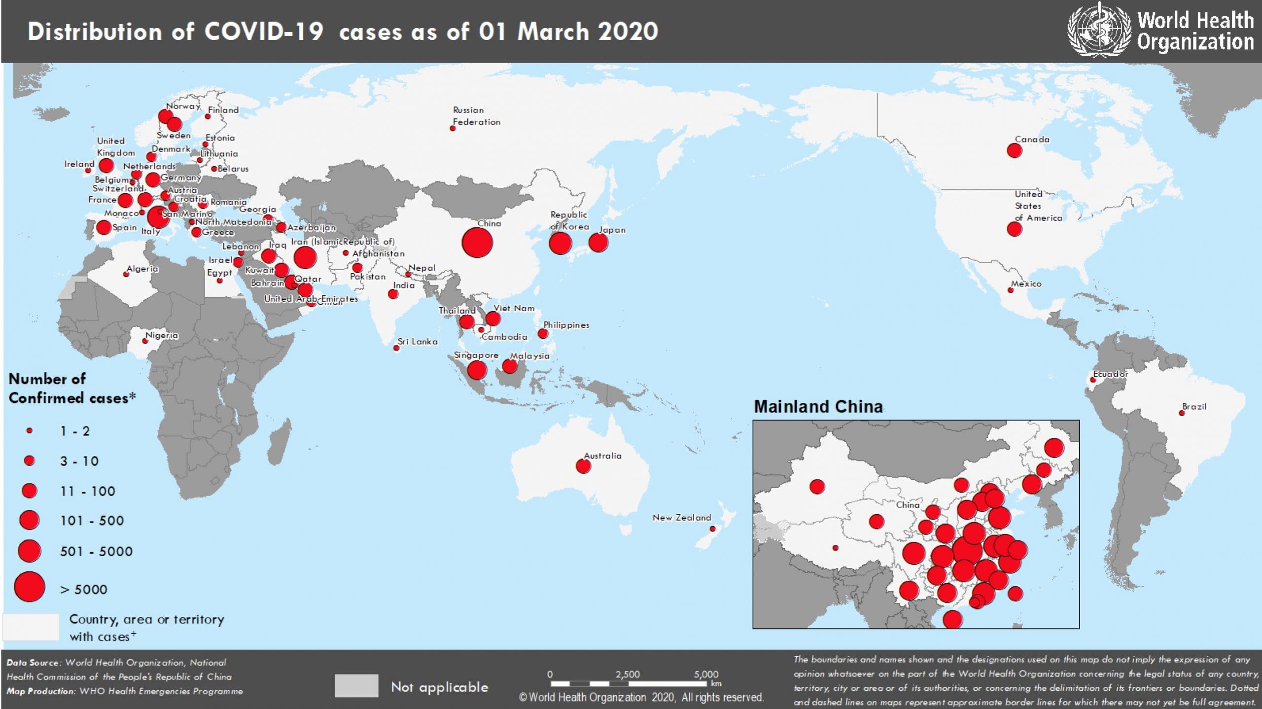 Distribution of COVID-19 cases as of 1 March 2019