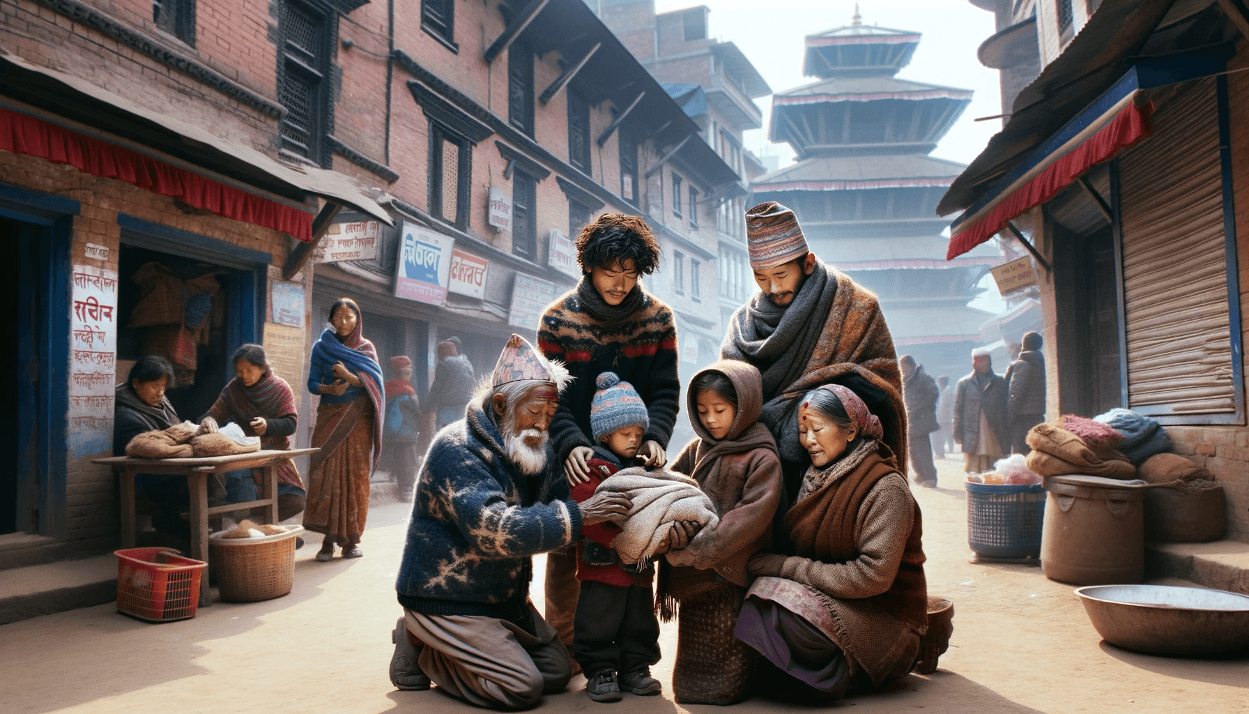 An image showing a Nepali family in Kathmandu, caring for their children during winter. The family members have distinct Nepali features, such as darker skin tones and typical Nepali facial characteristics. They are dressed in warm, culturally appropriate winter clothing like jackets, shawls, and traditional Nepali hats. The setting is an urban street in Kathmandu with local shops and traditional Nepali architecture in the background. The parents are engaged in activities like wrapping the children in warm clothes and providing them with warm drinks or food, illustrating the care taken during the cold months in a Nepali urban environment. AI generated.